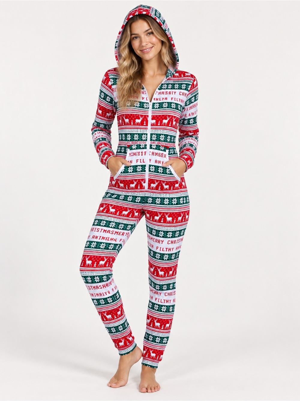 Ekouaer Christmas One Piece Pajama Onesie Hooded Zip Front Fair Isle Reindeer M
